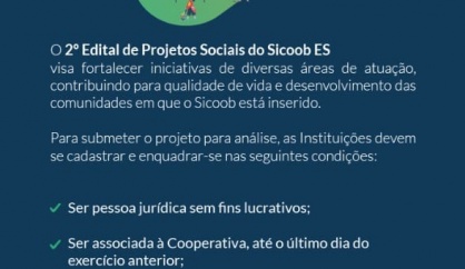 Sicoob ES lança 2º Edital de Seleção de Projetos Sociais