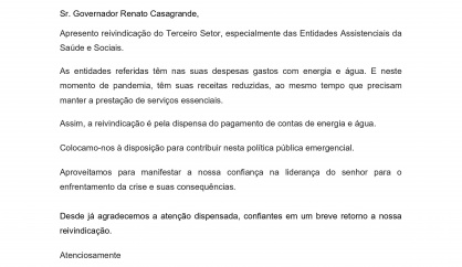 Fundaes solicita ao Governo do Estado, dispensa do pagamento de contas de energia e água para o Terceiro Setor capixaba